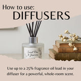 A reed diffuser bottle labeled 'Sweet Pea & Jasmine' with black reeds, shown beside stacked books and small white flowers. Large text reads 'How to use: DIFFUSERS' and smaller text says 'Use up to a 25% fragrance oil load in your diffuser for a powerful, whole-room scent.