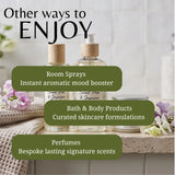 Promotional graphic for home fragrance and wellness products with three clear bottles and a small jar on a countertop, overlaid with text reading 'Other ways to ENJOY' and callouts for room sprays, bath & body products, and perfumes.