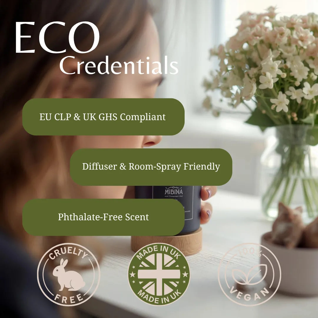 A candle diffuser is shown in a softly blurred home setting with a woman holding it, large text reading 'ECO Credentials,' feature callouts about compliance and room-spray friendliness, and certification badges at the bottom.