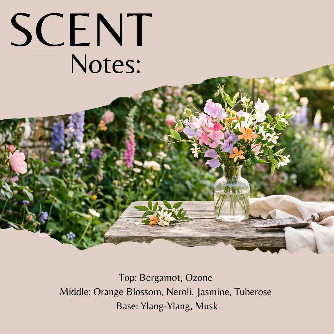 Scent Notes graphic showing a floral bouquet in a glass vase on a rustic wooden table, with a blurred garden background. Large text at top reads 'SCENT Notes:' and the bottom lists fragrance notes: Bergamot, Ozone, Orange Blossom, Neroli, Jasmine, Tuberose, Ylang-Ylang, and Musk.