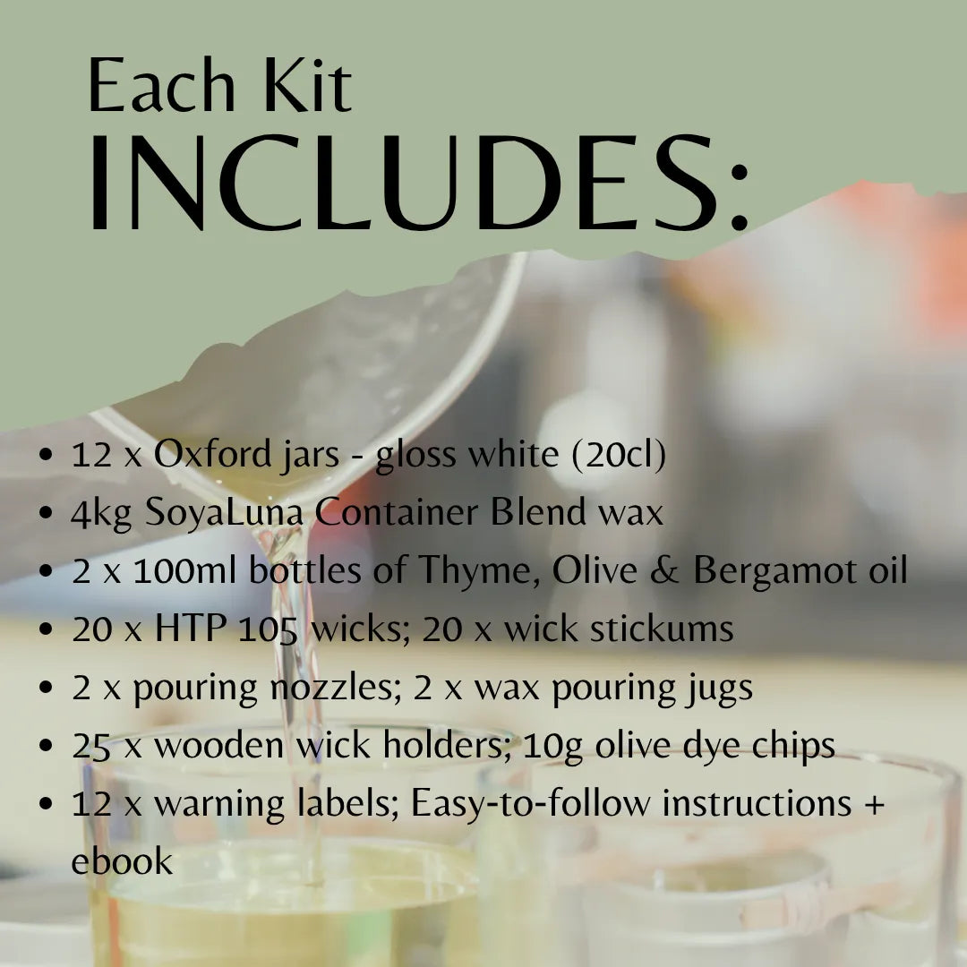 A product information graphic with the heading 'Each Kit INCLUDES:' over a softly blurred photo of wax pouring into containers. Black text lists included items such as 12 Oxford jars, 4kg SoyaLuna Container Blend wax, oil bottles, wicks, pouring nozzles, wooden wick holders, olive dye chips, and instruction materials.