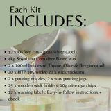 A product information graphic with the heading 'Each Kit INCLUDES:' over a softly blurred photo of wax pouring into containers. Black text lists included items such as 12 Oxford jars, 4kg SoyaLuna Container Blend wax, oil bottles, wicks, pouring nozzles, wooden wick holders, olive dye chips, and instruction materials.