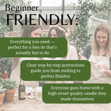 Promotional graphic for a beginner-friendly candle-making kit, featuring three women in a greenhouse setting wearing aprons and working at a table with ingredients and tools. Large text overlays read 'Beginner FRIENDLY:' and three green text boxes describe the kit's features, including step-by-step instructions and fun, engaging activities.