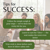 A promotional graphic with the headline 'Tips for SUCCESS:' over a softly blurred indoor scene of four women at a table. Three dark green rounded text boxes contain tips about weighing and pouring steps, curing time, and wick trimming.