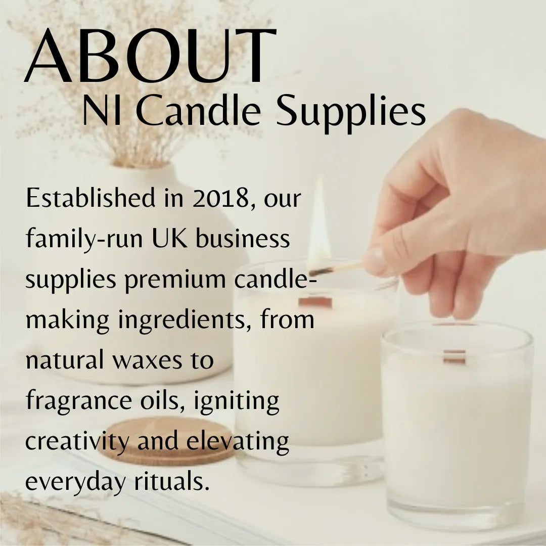 Promotional graphic for NI Candle Supplies featuring a hand lighting a white candle with a wooden wick. Large black text on the left reads 'ABOUT NI Candle Supplies' with company history.
