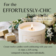 A lit white candle jar labeled 'The Bride's Room' with text overlays promoting a bundle for bride-to-bes, set against a soft floral background with a ring box.