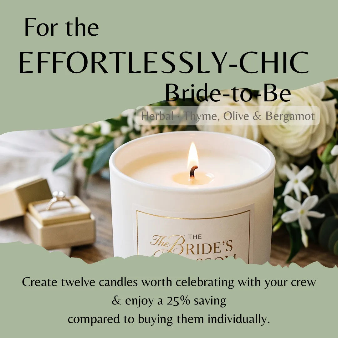 A lit white candle jar labeled 'The Bride's Room' with text overlays promoting a bundle for bride-to-bes, set against a soft floral background with a ring box.