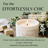 A lit white candle jar labeled 'The Bride's Room' with text overlays promoting a bundle for bride-to-bes, set against a soft floral background with a ring box.