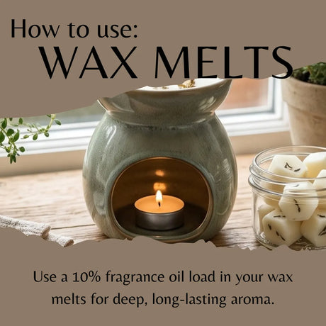 A ceramic wax warmer with a lit tea light candle inside, shown on a wooden surface next to a glass jar of white wax melts. Text overlays explain how to use wax melts.