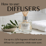 A reed diffuser bottle labeled 'Thyme, Olive & Bergamot' sits on a bathroom counter beside a folded white towel, herbs in a small dish, and large text reading 'How to use: DIFFUSERS' with usage copy below.