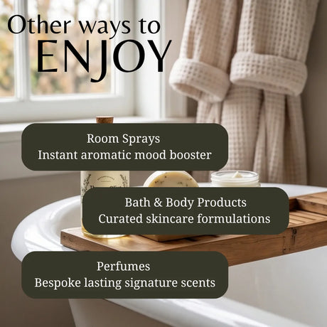 Promotional graphic for a bath and body product collection, featuring a bathtub with a wooden caddy holding a bottle, a candle, and a soap bar in a softly lit bathroom. Large text reads 'Other ways to ENJOY' with callouts for room sprays, bath & body products, and perfumes.