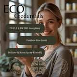 A smiling woman in a home interior holds a candle while promotional text overlays read 'ECO Credentials' with badges for EU CLP & UK GHS compliance, parabene-free scent, diffuser and room spray friendly, cruelty free, made in UK, and vegan.