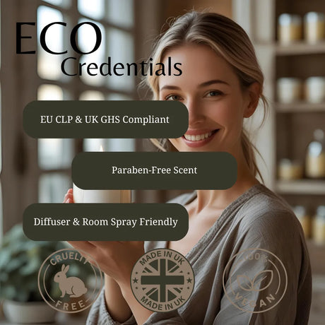 A smiling woman in a home interior holds a candle while promotional text overlays read 'ECO Credentials' with badges for EU CLP & UK GHS compliance, parabene-free scent, diffuser and room spray friendly, cruelty free, made in UK, and vegan.