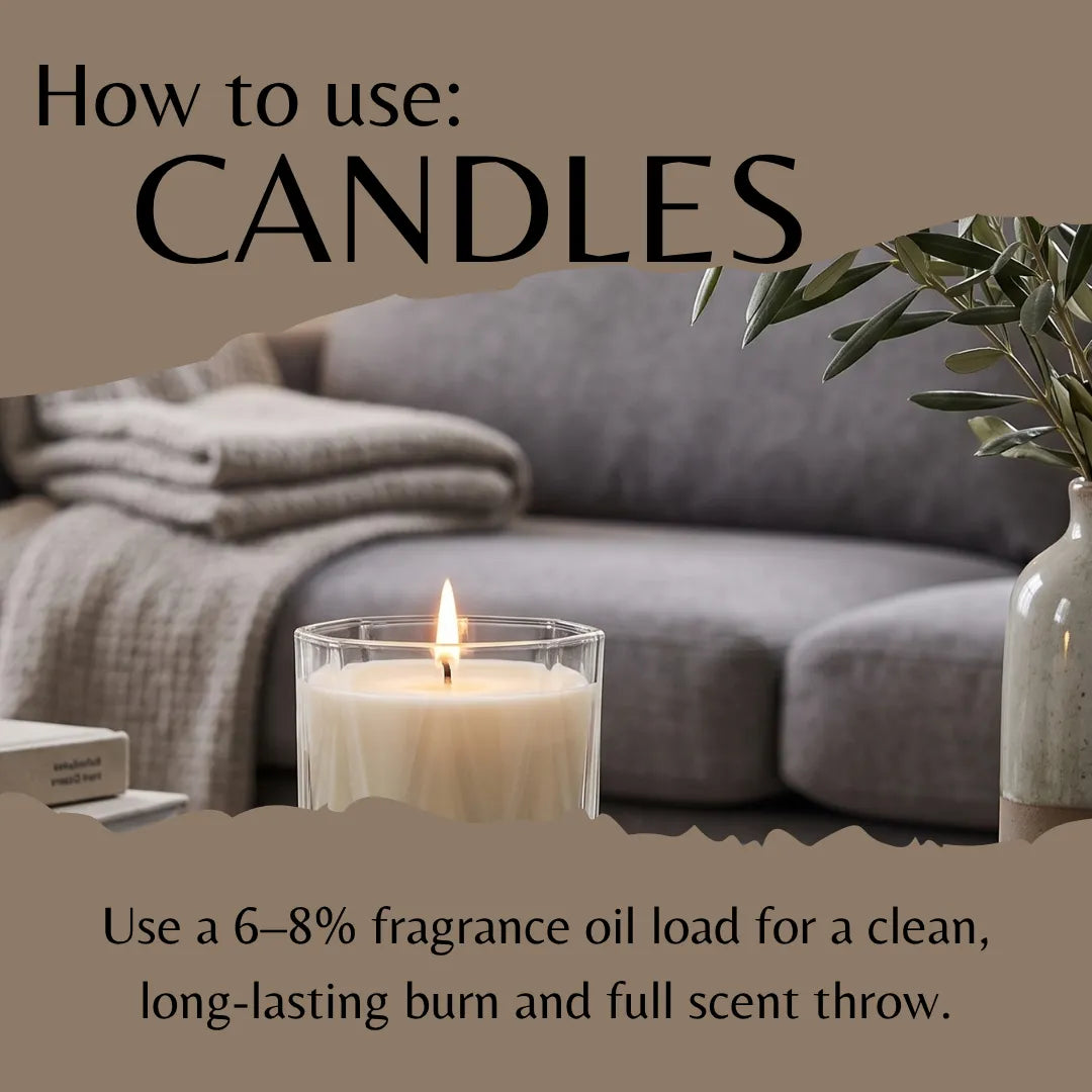 An instructional graphic titled 'How to use: CANDLES' shows a lit candle in a clear glass holder in the foreground, with a blurred living room sofa and folded blanket in the background. Text at the bottom reads, 'Use a 6-8% fragrance oil load for a clean, long-lasting burn and full scent throw.