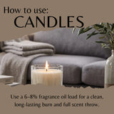 An instructional graphic titled 'How to use: CANDLES' shows a lit candle in a clear glass holder in the foreground, with a blurred living room sofa and folded blanket in the background. Text at the bottom reads, 'Use a 6-8% fragrance oil load for a clean, long-lasting burn and full scent throw.