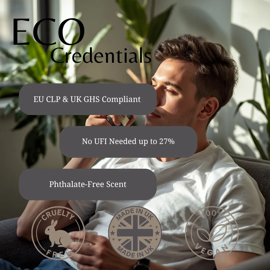 A man in a white t-shirt sits in a chair in a sunlit room with plants in the background, with text overlays reading 'ECO Credentials' and feature callouts including 'EU CLP & UK GHS Compliant', 'No UFI Needed up to 27%', and 'Phthalate-Free Scent'. Cruelty Free, Made in UK, and Vegan badges are shown at the bottom.