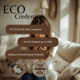 A promotional graphic with the text 'ECO Credentials' over a softly lit lifestyle scene of a woman sitting on a sofa. Overlaid brown callout boxes state 'EU CLP & UK GHS Compliant', 'No UFI Needed up to 100%', and 'Diffuser & Room Spray Friendly', with circular badges at the bottom reading Cruelty Free, Made in UK, and Vegan.