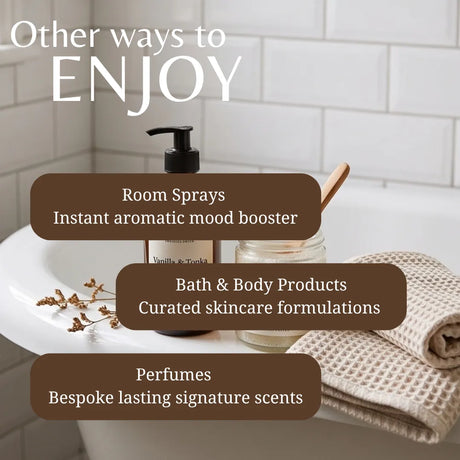 Promotional graphic with the text 'Other ways to ENJOY' over a bathroom scene showing a room spray bottle, a jar with a wooden spoon, and a folded towel. Three brown text boxes list: 'Room Sprays - Instant aromatic mood booster,' 'Bath & Body Products - Curated skincare formulations,' and 'Perfumes - Bespoke lasting signature scents.