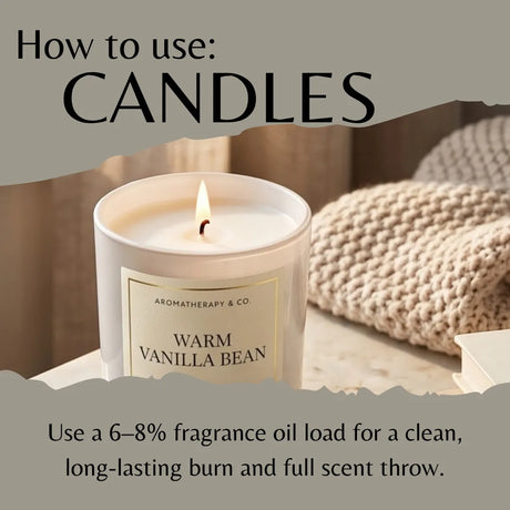 Instructional graphic titled 'How to use: CANDLES' showing a lit white jar candle labeled 'AROMATHERAPY & CO. WARM VANILLA BEAN' with text explaining fragrance oil load recommendations.