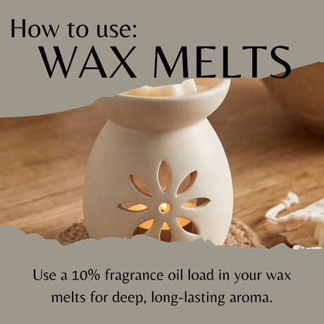 A white ceramic wax warmer with a flower-shaped cutout and a glowing candle inside, shown on a wooden surface with text overlays explaining how to use wax melts.