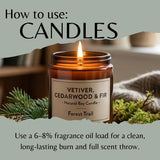 A lit amber glass jar candle labeled 'VETIVER, CEDARWOOD & FIR - Natural Bay Candle - Forest Trail' with large text reading 'How to use: CANDLES' and usage instructions below, styled with pine branches and a cozy background.