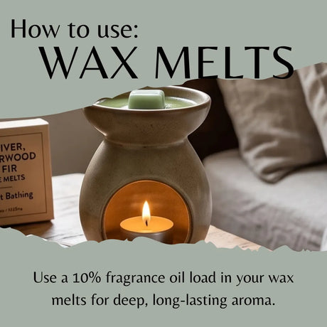A ceramic wax warmer with a lit tea light candle inside, shown on a table in a bedroom setting with a pillow in the background. Text overlays explain how to use wax melts, with a partial product box visible on the left.