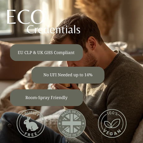 A man in a cozy room wearing a gray knit sweater, with large text overlays reading 'ECO Credentials' and feature callouts including 'EU CLP & UK GHS Compliant', 'No UFI Needed up to 14%', and 'Room-Spray Friendly'. Three circular badges at the bottom say Cruelty Free, Made in UK, and 100% Vegan.