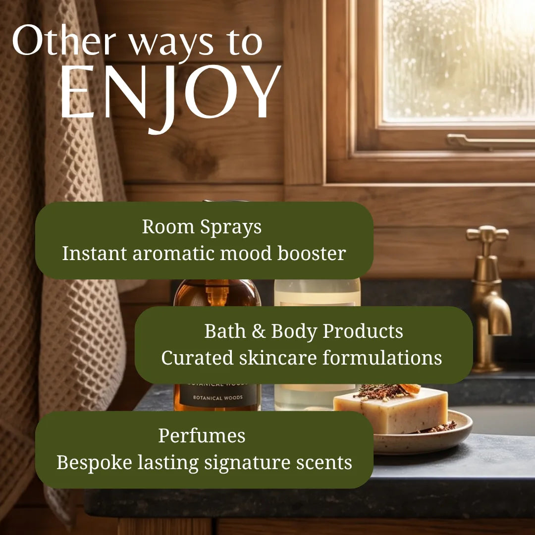 Promotional graphic with the text 'Other ways to ENJOY' over a bathroom scene. Three dark olive green rounded text boxes list: Room Sprays, Bath & Body Products, and Perfumes.