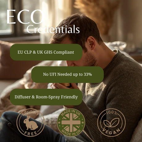 A lifestyle graphic featuring a man in a cozy room with text overlays highlighting product credentials: 'ECO Credentials', 'EU CLP & UK GHS Compliant', 'No UFI Needed up to 33%', 'Diffuser & Room-Spray Friendly', along with certification badges for rabbit-free, UK-made, and vegan.