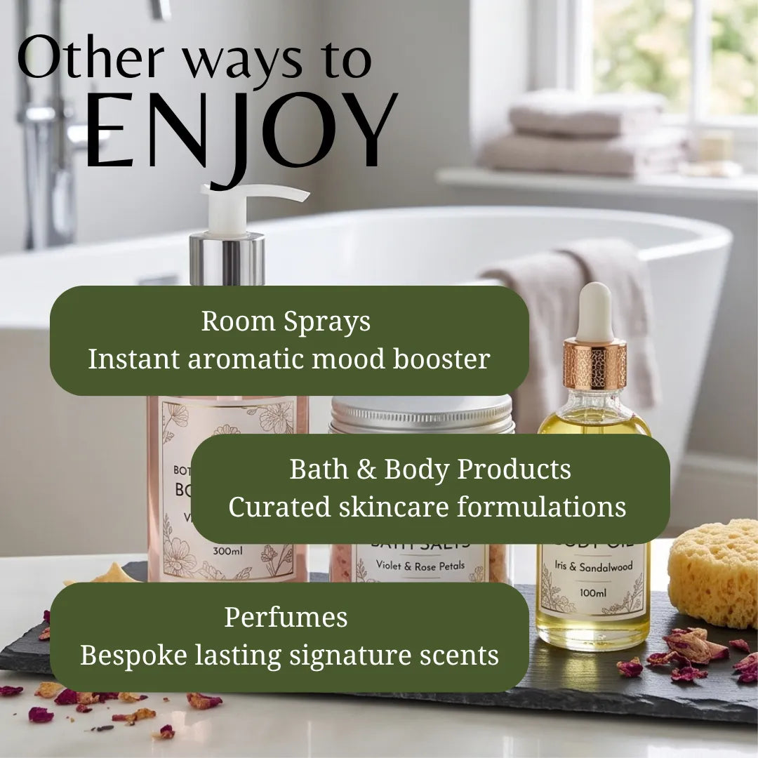 A promotional graphic showing several skincare and fragrance products arranged on a countertop in a bright bathroom setting, with large overlaid text reading 'Other ways to ENJOY' and callouts for room sprays, bath & body products, and perfumes.
