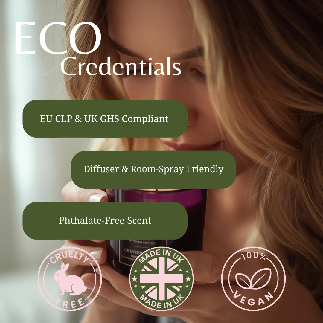 Promotional graphic for an ECO Credentials-certified room spray or diffuser. A woman holds a dark glass bottle with a purple cap, with text overlays highlighting compliance, diffuser suitability, phthalate-free scent, cruelty-free, made in UK, and vegan badges.