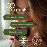 Promotional graphic for an ECO Credentials-certified room spray or diffuser. A woman holds a dark glass bottle with a purple cap, with text overlays highlighting compliance, diffuser suitability, phthalate-free scent, cruelty-free, made in UK, and vegan badges.