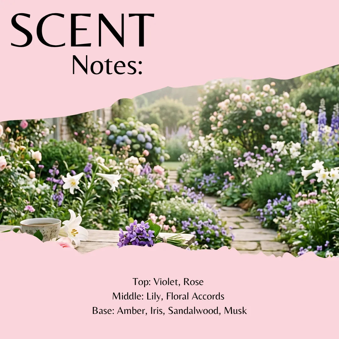 Scent Notes graphic featuring a pink top and bottom with a central garden scene. The text lists fragrance notes: Top: Violet, Rose; Middle: Lily, Floral Accords; Base: Amber, Iris, Sandalwood, Musk.