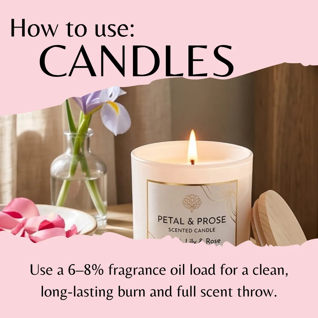 A lifestyle instructional graphic showing a lit scented candle labeled 'PETAL & PROSE SCENTED CANDLE' with text overlays explaining how to use candles. The candle is set on a wooden surface next to a glass vase with a purple flower and pink petals, with a pink torn-paper style background.