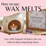Instructional graphic showing how to use wax melts, featuring a ceramic candle holder with a lit tealight candle, a box of Blossom & Bloom hand-poured wax melts, and text explaining the fragrance oil load.