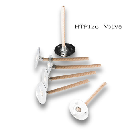 Votive candle wicks on a white background, labelled HTP126.