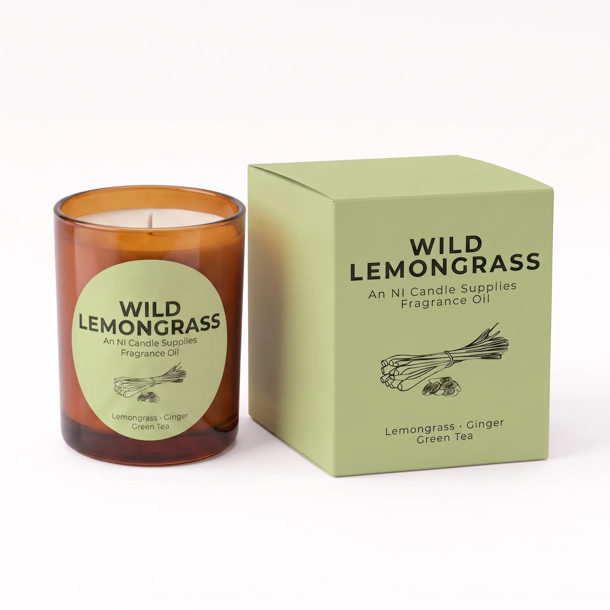 An amber glass candle jar with a round light green label next to its matching light green box. The label and box read 'WILD LEMONGRASS' and 'An NI Candle Supplies Fragrance Oil' with 'Lemongrass - Ginger Green Tea' at the bottom.