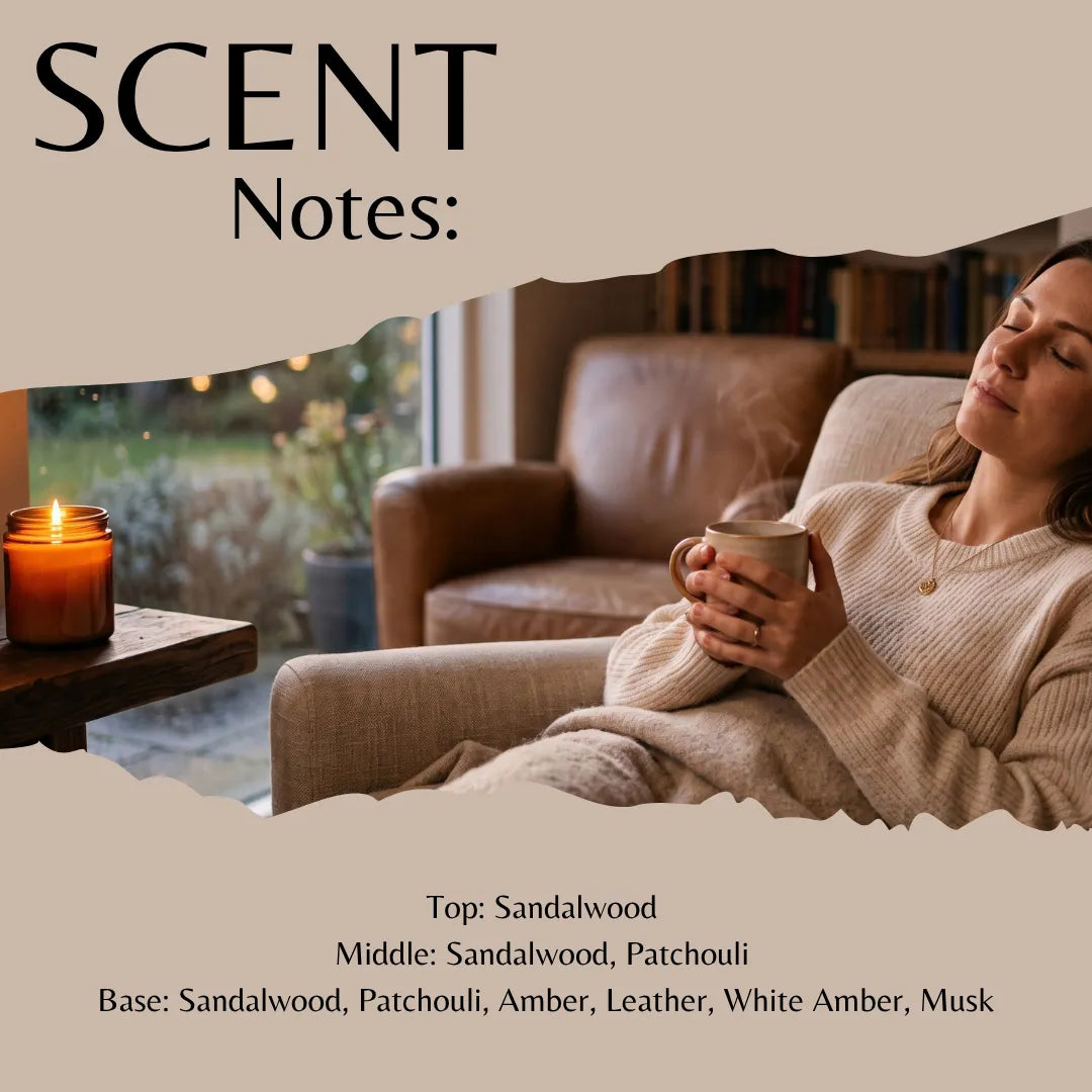 Scent notes graphic for a warm home fragrance, featuring a woman relaxing in a leather armchair holding a mug next to a lit candle. The graphic includes text overlays reading 'SCENT Notes:' and lists the scent profile: Top Sandalwood, Middle Sandalwood, Patchouli, with base notes Sandalwood, Patchouli, Amber, Leather, White Amber, and Musk.