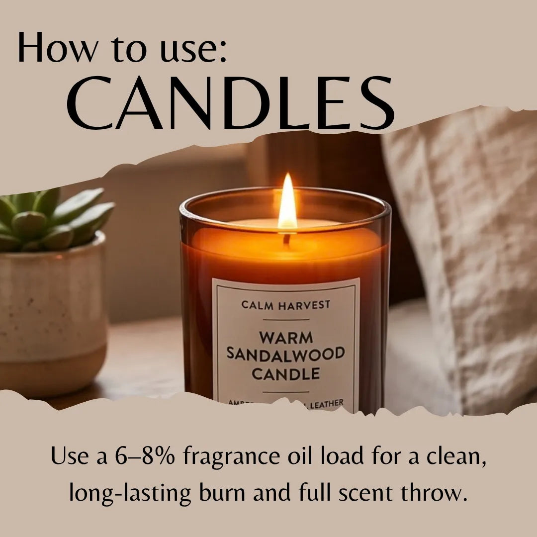 An instructional graphic titled 'How to use: CANDLES' shows a lit amber glass candle jar labeled 'CALM HARVEST WARM SANDALWOOD CANDLE' on a tabletop, with a small succulent and soft home background. Text below explains fragrance oil loading for candle burn.