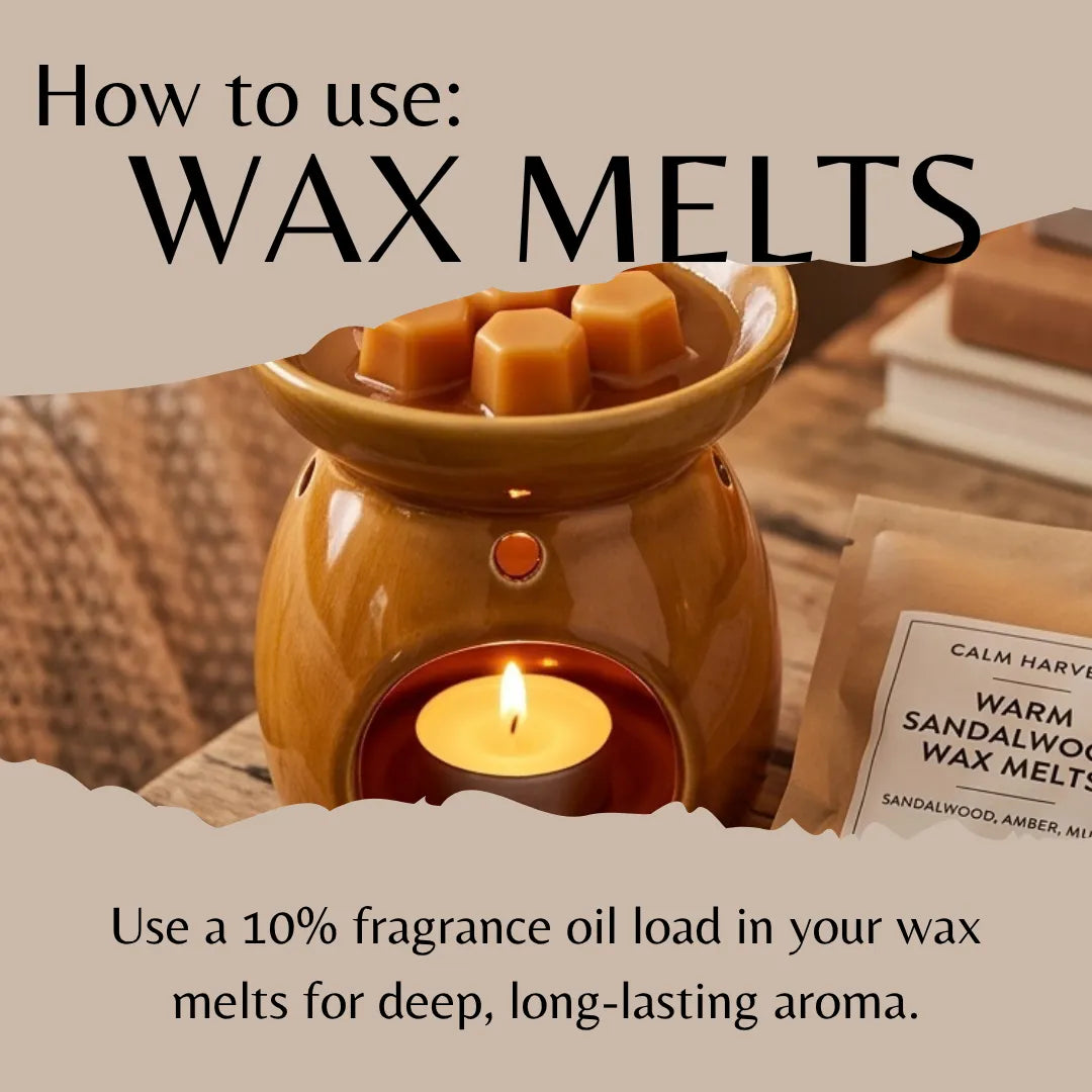 A labeled wax melt packet sits beside a brown ceramic wax warmer with a lit tealight candle and wax cubes in the top bowl. Large text at the top reads 'How to use: WAX MELTS' and text at the bottom explains using fragrance oil load in the wax melts for deep, long-lasting aroma.