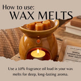 A labeled wax melt packet sits beside a brown ceramic wax warmer with a lit tealight candle and wax cubes in the top bowl. Large text at the top reads 'How to use: WAX MELTS' and text at the bottom explains using fragrance oil load in the wax melts for deep, long-lasting aroma.