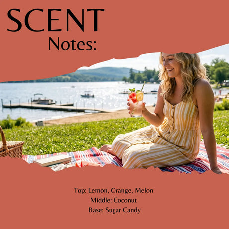 A promotional graphic for a fragrance or scent note, with a woman sitting outdoors by a lake holding a drink. Large coral text at the top reads 'SCENT Notes:' and the bottom text lists fragrance notes: 'Top: Lemon, Orange, Melon', 'Middle: Coconut', 'Base: Sugar Candy'.