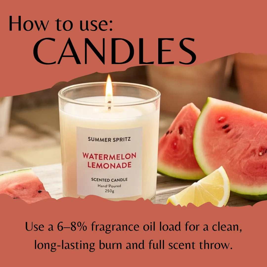 A lit scented candle in a clear glass jar labeled 'Summer Spritz Watermelon Lemonade' sits on a table with watermelon slices and a lemon wedge, under a coral banner that reads 'How to use: Candles' and includes usage text about fragrance oil load.
