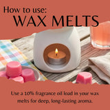 A promotional graphic showing a white ceramic wax warmer with a lit tealight candle inside, surrounded by pink wax melts on a wooden surface. Large text at the top reads 'How to use: WAX MELTS,' and smaller text at the bottom says to use a 10% fragrance oil load for deep, long-lasting aroma.