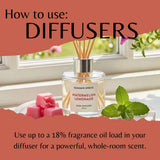 A reed diffuser bottle labeled Summer Spritz Watermelon Lemonade sits on a windowsill with pink cubes and mint leaves around it. Large text at the top reads 'How to use: DIFFUSERS' and text at the bottom explains using up to 18% fragrance oil load in a diffuser for a powerful whole-room scent.