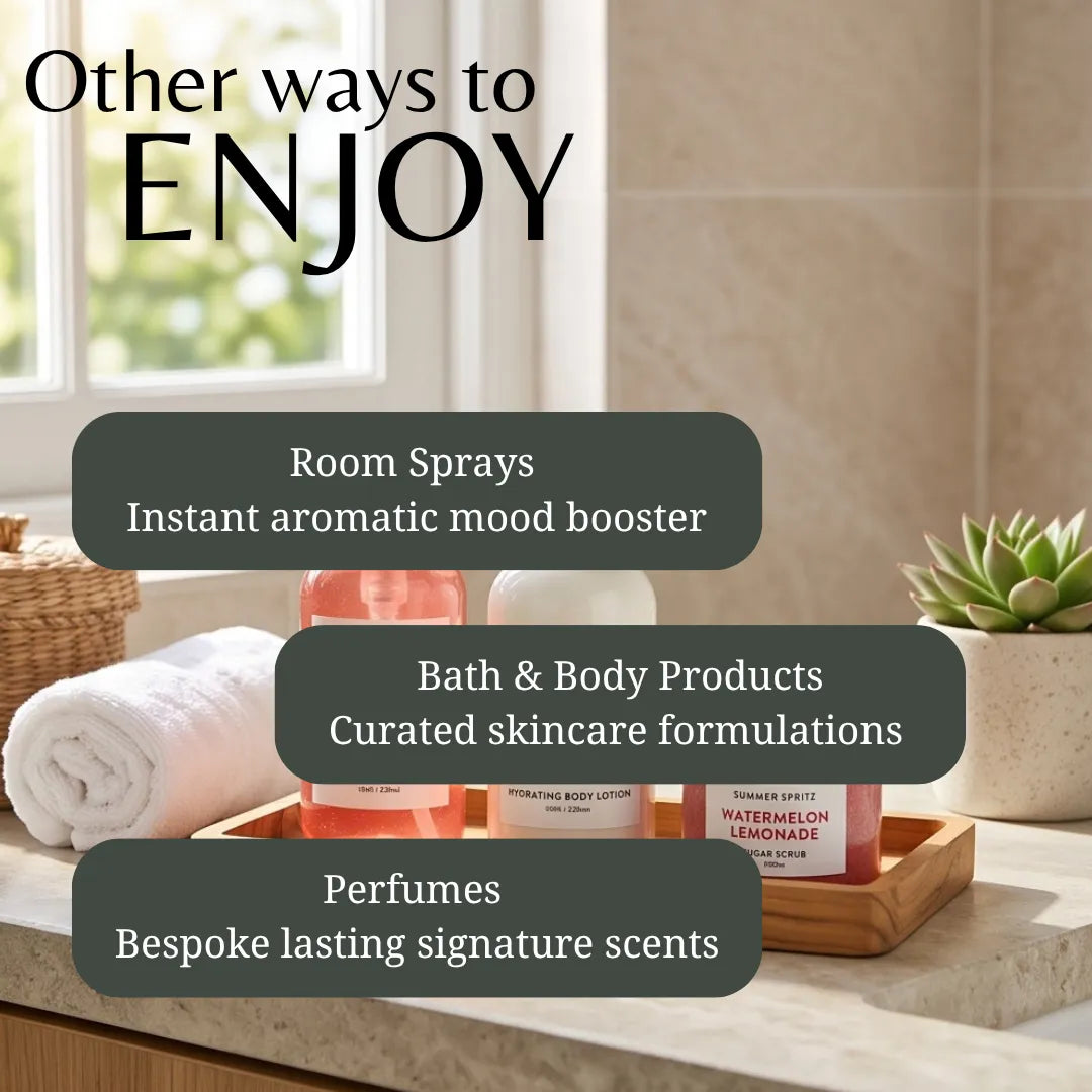 Promotional graphic with the text 'Other ways to ENJOY' over a bathroom scene showing rolled towels, a small succulent, and several product bottles on a tray. Overlaid labels mention room sprays, bath & body products, and perfumes.