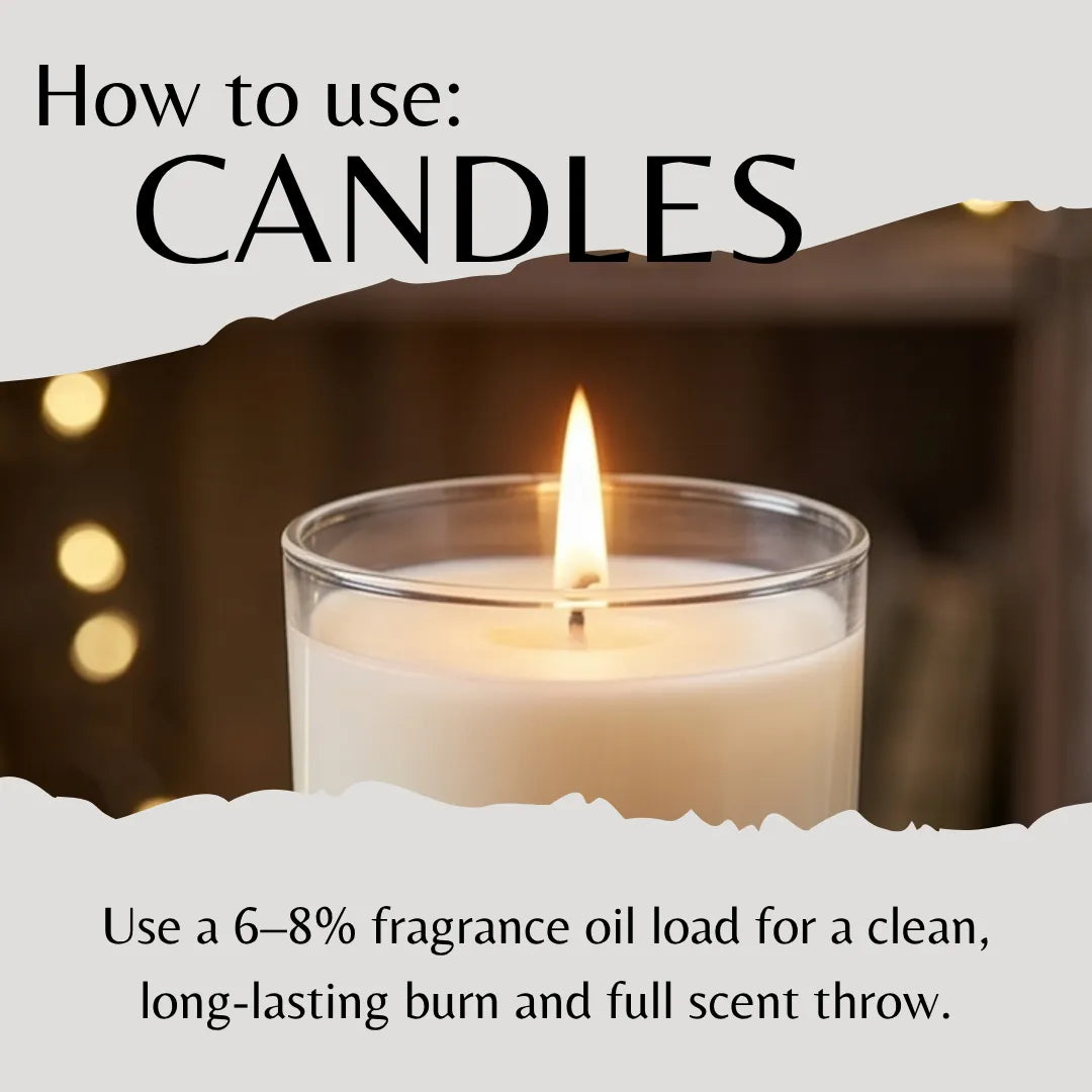 Candle with text on how to use candles and a 6-8% fragrance oil load.