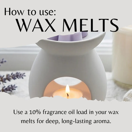 Wax melt burner with a lit candle and text on how to use wax melts.