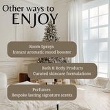 Living room with a Christmas tree and text about room sprays, bath & body products, and perfumes.