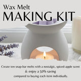 Wax melt making kit with a ceramic warmer and candle, surrounded by lavender flowers.